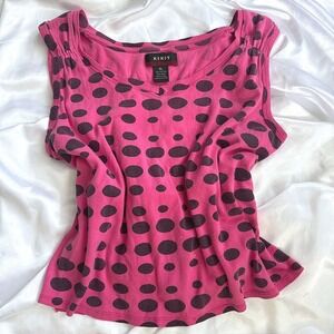 KIKIT Pink Purple Polka Dot Sleeveless V-Neck Cotton Top XL Y2K Retro Tank